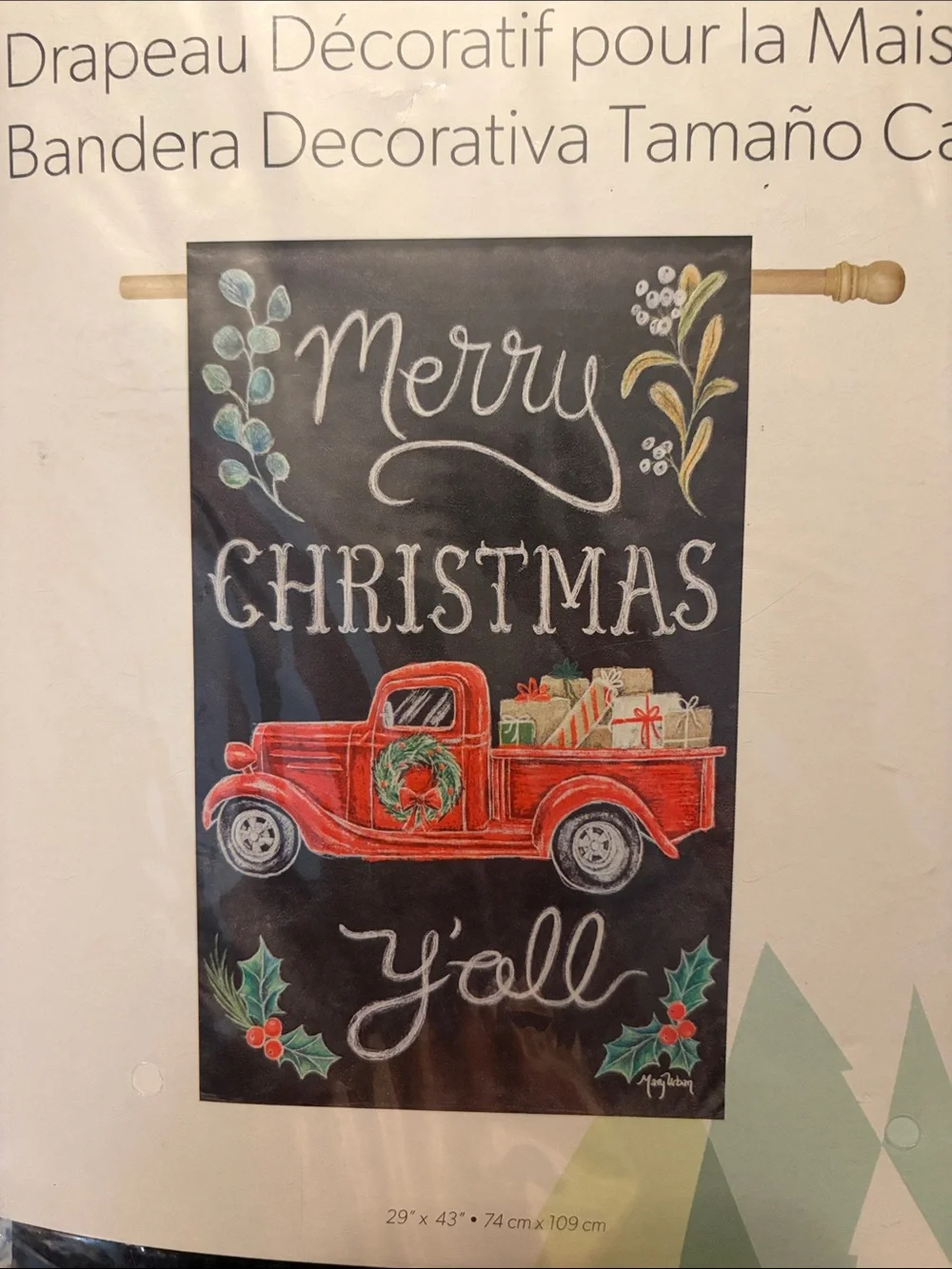 Evergreen Merry Christmas Y'all Decorative House Flag with Red Truck.